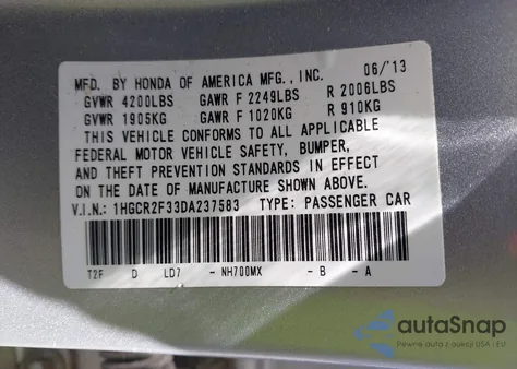 2013 Honda Accord Lx z USA, uszkodzony, nr VIN 1HGCR2F33DA237583